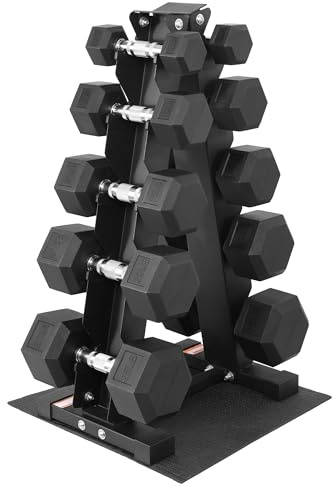 Fitvids 150LB Rubber Coated Hex Dumbbell Weight Set with Storage Rack, 5-25LB Free Weights with Anti-Slip Handle for Home Gym