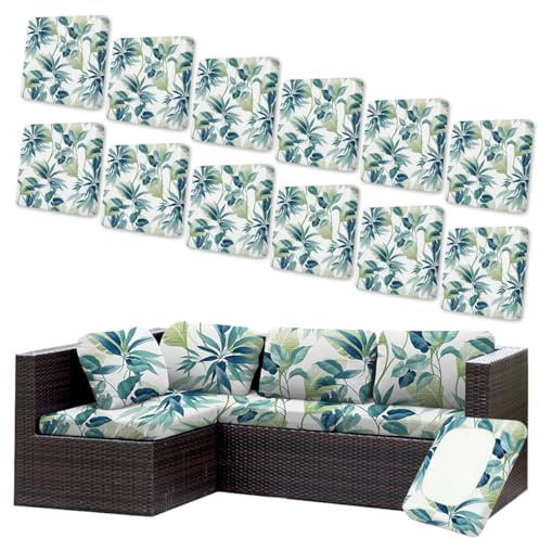 Hiseng Lot de 12 Housses de Coussin d'Extérieur Extensible pour Salon de Jardin, 50X50cm /60x60cm Imprimé Housses Coussin de Siège Canapé de Remplacement Meubles de Terrasse (Feuilles Vertes)