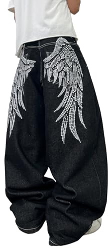 Zewool Mens Baggy Wide Leg Angel Wings Graphic Design Jeans Loose Y2K Pants | Unique Graphic Design,Hip Hop,Skater Streetwear,Jinco Jeans,2000s Skater Style,Loose Fit,5-pocket,All Seasons