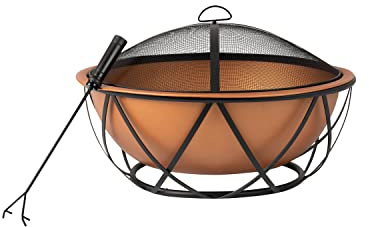Fire Sense 62241 Fire Pit Barzelonia Copper-Look Wood Burning Lightweight Portable Outdoor Firepit Backyard Fireplace Camping Bonfire Included Screen Lift Tool & Cooking Grate - Round - 26
