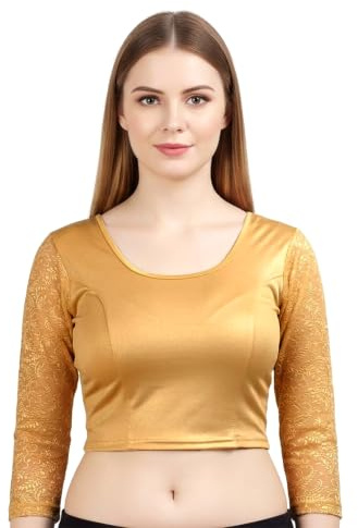 Chandrakala Women's Stretchable Readymade Lycra Gold Indian Ethnic Saree Blouse Crop Top Choli-Medium (B101GOL3)