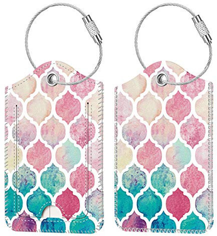 [2 Stück] Fintie Kofferanhänger mit Adressschild, Kunstleder Gepäckanhänger ID Etikett mit Edelstahl Drahtseil und Namenschild für Reisetasche Koffer, Aquarell Kariert