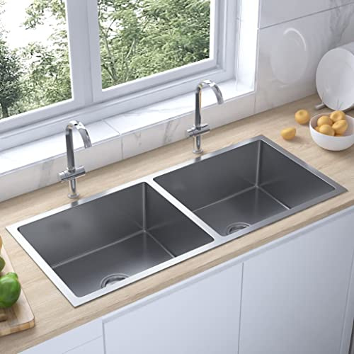 WIFESE Lavandino da incasso fatto a mano, 100 x 44 x 20 cm, doppio lavello da cucina in acciaio inox con resistente alla corrosione