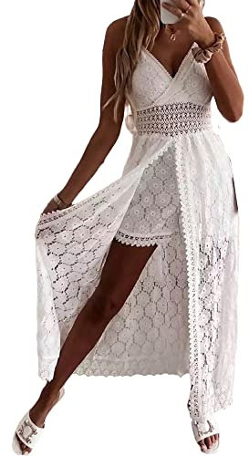 SANSIWU Damen V-Ausschnitt Ärmellos Strick Spitze Cutout Sling Maxikleid Rüschen Offener Rücken Unregelmäßiger Saum Vintage Partykleid Boho Solid Strandkleid, B-beige, L
