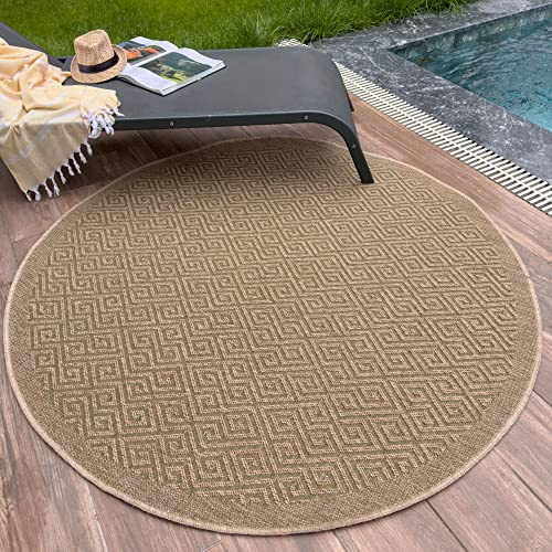 THE RUGS Nature Collection Outdoor Rug – Indoor/Outdoor Tona Border Area Rug for Patio, Deck, Garden, Kitchen, Bathroom or Living Room (Greek Key-Green, 160 cm Round)