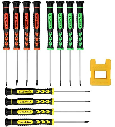 12 Stücke Schraubenzieher Set mit 1 Magnetisierer, Mini Brillen Schraubenzieher Set Feinschraubendreher Schraubenzieher mit Dünner Spitze Schlitz/Kreuzschlitz/Torx für Uhren Phone