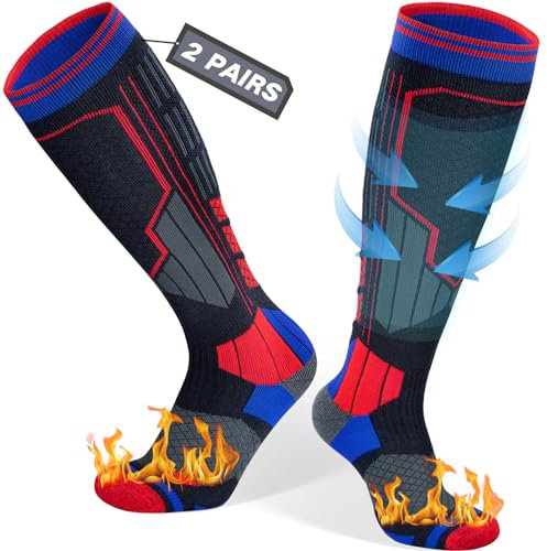 Reamphy 2 Paar Skisocken Merino Wollsocken Thermosocken für Herren Damen, Atmungsaktiv Kompressionsstrümpfe Warme Stützstrümpfe Kniehoch Dicke Kompressionssocken für Wintersport, Snowboard, 48-51