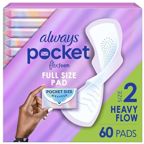 Always Pocket Feminine Pads with FlexFoam, Size 2, Heavy Flow, with Wings, Unscented, 60 Count (3 Packs of 20)