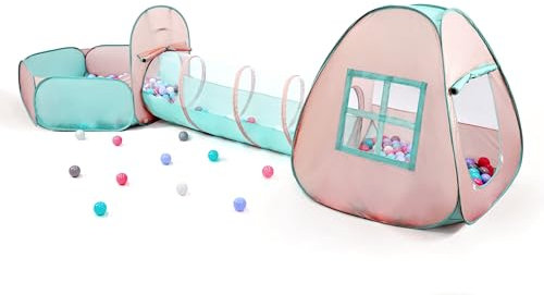 3 in 1 Pop Up Kids Play Tent with Tunnel and Ball Pit for Kids, Boys, Girls, Babies and Toddlers, Indoor/Outdoor Playhouse,Orange Pink/Light Green