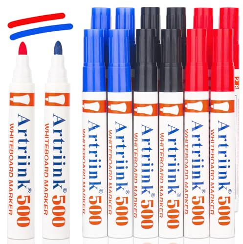 Dachiy Feutre Tableau Blanc Effaçable Set de 12 | Marqueur Tableau Blanc en Noir Rouge Bleu | Pointe Ogive 2-5mm Feutres Effaçables à Sec sans Résidu | Pour École et Bureau