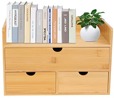 panfudongk Bambus Schreibtischorganizer Büro Organizer Schreibtisch Organizer mit drei Schubladen Natürlicher Bambus Tisch Organizer