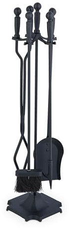 Relaxdays Set da 5 Attrezzi da Camino o Stufa, Attizzatoio, Pala, Scopino, Pinza e Supporto Porta Utensili, Ferro, Nero, 81 x 19 x 19 cm
