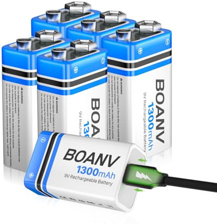 9V Akku Block Wiederaufladbare, 1300mAh 9V Lithium-ionen Batterie, Micro USB Ladegerät mit 2-in-1 Ladekabel für Rauchmelder, Alarme Tastatur Mikrofon (6 Stück)