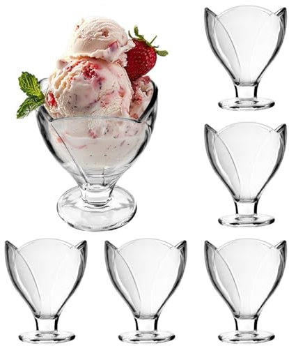 KADAX Dessertschalen mit Fuß, Eisgläser, Transparente Eisbecher, Eiscremegläser, Eisschalen, Dessertgläser für Eiscreme & Vorspeise & Desserts & Obst (Blumig 6 Stücke)