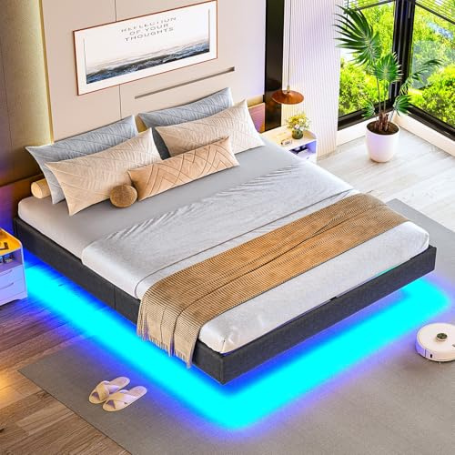 Brinlawb Cadre de Lit 140x200 avec sommier à Lattes, Hauteur 26 cm, Lit Double 140x200 cm avec des lumières LED lit 2 Place avec Structure en métal et Lattes en Bois Massif, Revêtement Tissu Gris