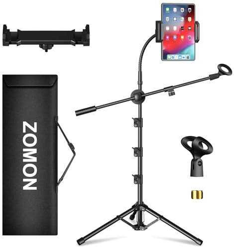 ZOMON Mic Stand, 6-in-1 Microphone Stand with Floor Boom, Support Boom, Gooseneck, Mic Clips, Tablet Phone Holder, Black, Metal, Portable, Adjustable