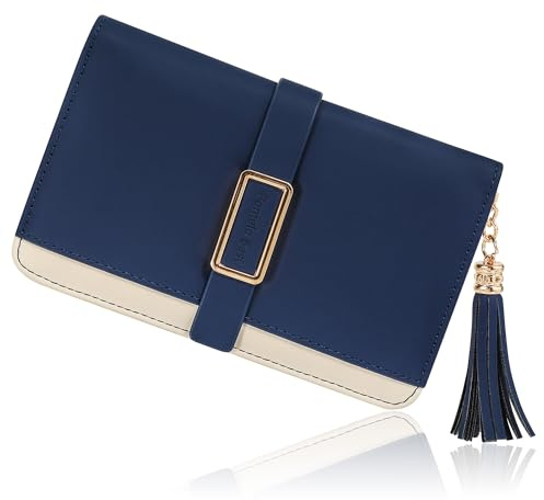 Pomelo Best Cartera para mujer con cierre de cremallera y protección RFID, doble plegable, práctica cartera para tarjetas y monedero, azul / beige, small, Casual
