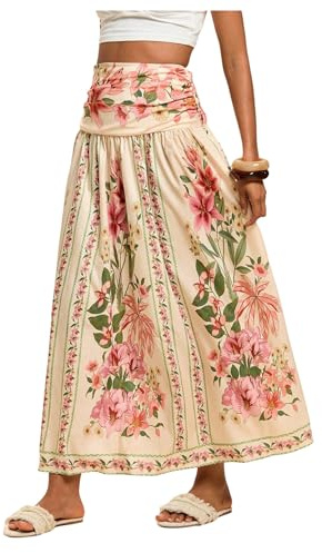 Verdusa Women's Boho Floral Print Maxi Skirt Shirred High Waisted A Line Flowy Long Skirts Multicolor Small