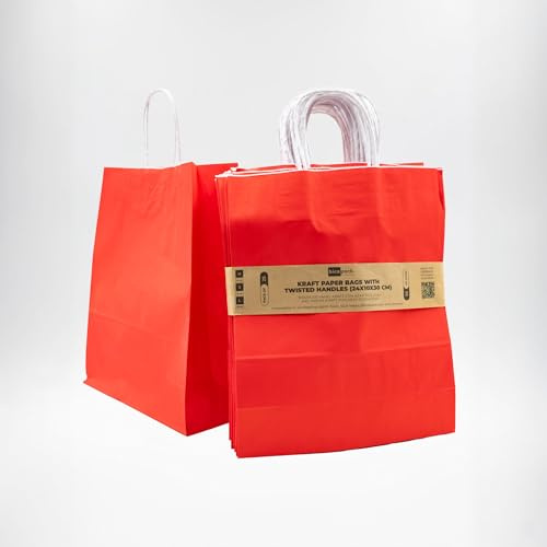Bicapack - 25 Bolsas de Papel Kraft Colores Básicos con Asas Torcidas (24x10x30 cm) | Papel 100% Reciclado de Alta Resistencia (80 g/m²) | Ecológicas y Versátiles (Rojo)