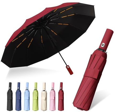 FANSEZQ Ombrello Automatico Avanzato | Ombrello Antivento e Impermeabile con Forte Protezione UV | Design Robusto a 24 Stecche con Manico per Uomo e Donna (Rosso vino)