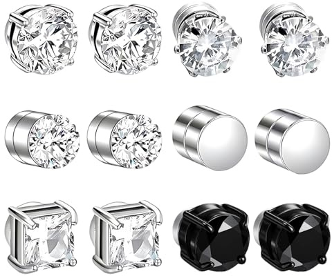 6Pairs Magnetic Earrings for Men, Fake Earrings, Clip On Women Non-Piercing Studs for Daily Wear (Steel & Black)