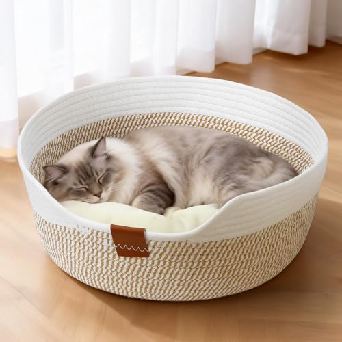 Fuutilake Washable Cat Bed with Cushion,47 cm Cat Basket with Cushion Pad from Cotton Ropes, for Kitten Puppy All Cats & Small Dogs, Double Use In Winter & Summer