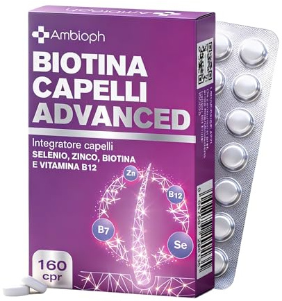 Biotina Capelli ADVANCED - Integratori per Capelli con Zinco, Selenio e Vitamina B12 – Formula rinforzante e di Crescita capelli, unghie e pelle – 160 cpr, Vitamine per capellì. BIOTINA - Ambioph