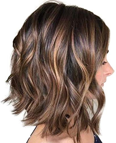 Peluca negra con ondas de rosas, corte corto, diseño de malla frontal con cabello humano real para mujer, sin gluten (Marrón, talla única)