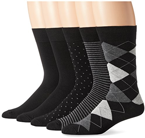 Amazon Essentials Men's Comfortable Patterned Cotton Crew Dress Socks, 5 Pairs, Black/Dots/Plaid/Stripe, 8-12