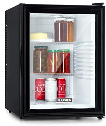 Klarstein Brooklyn 42 Mini-Kühlschrank mit Glastür, kompakt, freistehend, Thermoelektrisches Kühlsystem, 42 Liter, 12-18 °C, Auto DeFrost, EKK A, 0 dB, Innenraum: weiß, Außen: schwarz