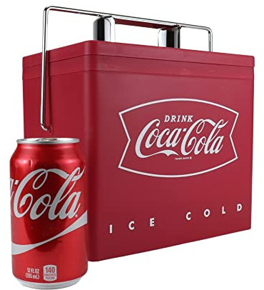 Coca-Cola Retro Electic Ice Chest Cooler - Portable Ice Bucket Includes 12V & AC Cords, Vintage Style, Insulated for Personal Travel Camping, Picnic, Home Office, 6 Can Ice Box, 4L (4.2 qt)