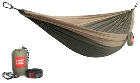 GRAND TRUNK Double Deluxe Hammock | Ultra-Strong & Lightweight | 11 ft Hammock with Ripstop Nylon | 500 lb Capacity | Fast-Drying & Weather-Resistant | Olive Green/Khaki