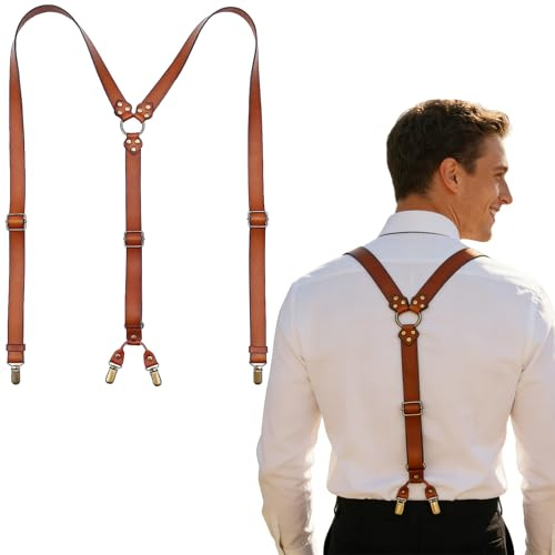 EURYNOME Genuine Leather Suspenders for Men and Women, Y Back Design Adjustable Braces with 4 Strong Metal Clips, Breathable Open Ring Back Design No Sweat, Groomsmen Gifts (Brown)