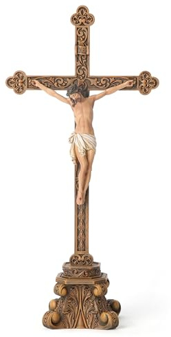Buildclassic - Crucifijo de pie católico para altar, mesa de Jesucristo, decoración religiosa del hogar, acabado dorado antiguo y color realista, 37,5 cm de alto, pintado a mano