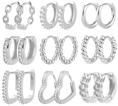 Set Orecchini Donna Acciaio Chirurgico, Orecchini a Cerchio in Argento Sterling 925, Cubic Zirconia Huggie Orecchino a Cerchio per Donna Piccoli Cartilagine Piercing Gioielli, 9 Paia