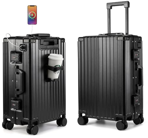 Hard Shell Carry On Luggage 22x14x9 Airline Approved,20 Inch Aluminum Luggage with 100% 3-Layer PC,Carry On Suitcases with Wheels,Cup Holder and USB Port (Classic Black, 20 inch)