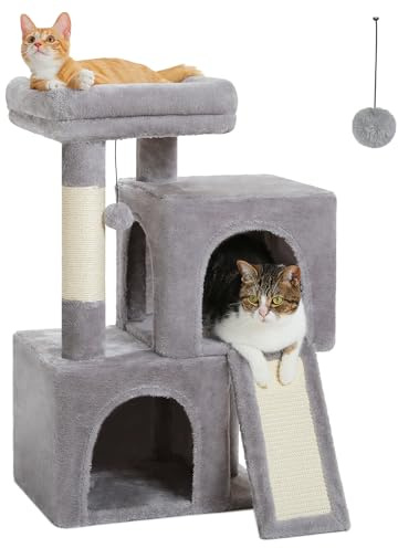 PETEPELA Árbol para Gatos, Pequeño Árbol de Gato con 2 Cápsulas Cómodas, Posabrazos Esponjoso, Rascador y Postes de Sisal y Pompones Colgantes, 77 cm, Gris
