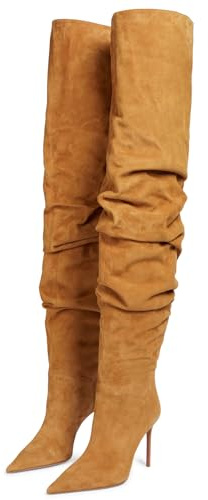 Roimaash Women Fancy Slouchy Dress Boots Overknee Stiletto Heels Thigh High Boots Pointed Toe Pull on Party Dress Boots Wide Calf Camel Size 37
