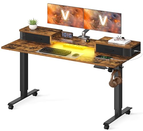 VASAGLE Electric Standing Desk with Built-In Power Strip, 60 x 140 x (72-120) cm, Adjustable Height, Monitor Stand, 2 Hooks and Drawers, Memory Function, Rustic Brown LSD184X11