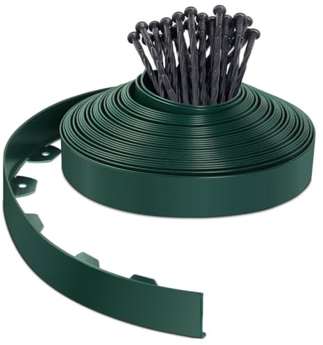 VOUNOT® Borde Jardín Césped Borde Flexible de PVC, Delimitadores de Bordes para Jardín, Bordura Exterior para Tierra Cenefa Parterres con 40 Clavijas, Longitud 20m Altura 5cm, Verde