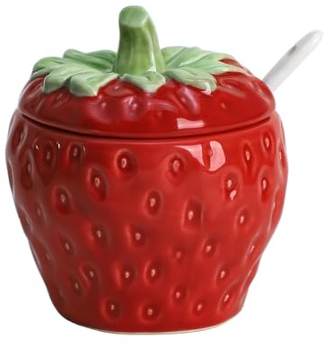 WAIT FLY Strawberry Ceramic Sugar Bowl with Lid, Sugar Container, Sugar Salt Pepper Storage Jar for Kitchen Countertop, Coffee Bar