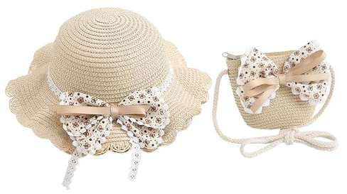 FakeFace Mädchen Strohhut und Kleine Tasche Set Sonnenschutz Sonnenhut Kinder Sommer Sonnenblende Hüte Sommerhut Baby Modischer Bowknot Spitze Strandhut 2-4 Jahre (Beige-Schleife)
