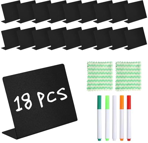 18 piccole lavagne per scrivere, mini cartellini per prezzi, targhette a L, per scrivere la gastronomia, cancellabili, per segnaletiche, matrimoni, feste + 5 penne, 2 panni