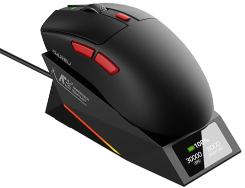 DAREU AE6 Pro trådlös spelmus, PAW3950 30K anpassad sensor, 8K trådlös/trådbunden dubbelförfrågan, displayladdningsstation, excimerbeläggning, 59 g, lätt, symmetrisk