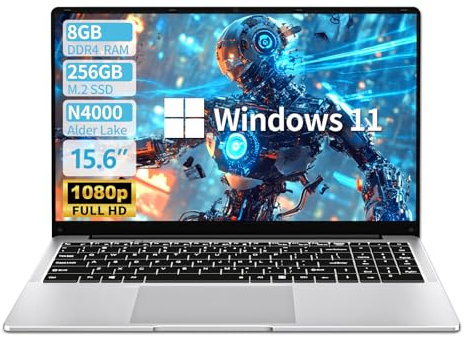 Notebook 15,6 Pollici, Win 11 Laptop 8GB LPDDR4 RAM 256GB SSD, PC Portatile Celeron N4000 CPU, Computer Portatile Schermo IPS FHD 1920*1080, WiFi5/Mini-HDMI/BT4.2/USB3.0/Webcam, Espansione SSD 1TB