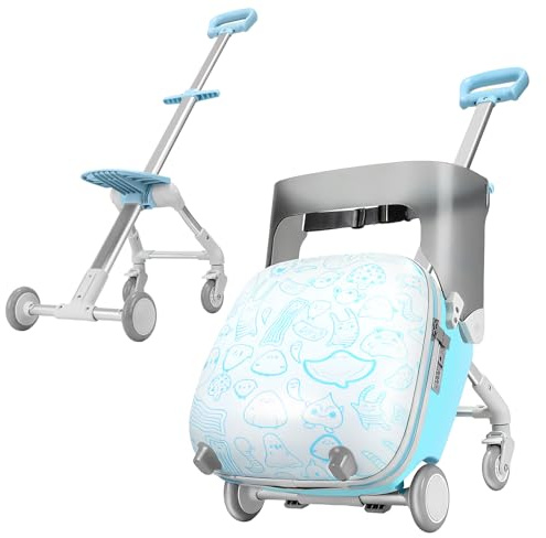 AODI Valise à roulettes pour Enfants, 2 en 1 Bagage de Voyage Léger avec Roues Pivotantes à 360°, Sac à roulettes Durable pour Filles et Garçons (Bleu et Blanc Style Graffiti)