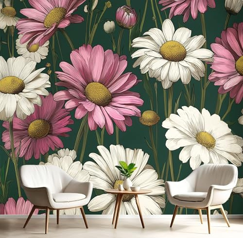 Papel Pintado Verde Oscuro Margarita Barroca 150X105Cm Efectos 3D Papel Tapiz Fotográfico Ilustración Vintage Póster Fotomurales Decoración Pared Para Dormitorio Salón Decorativos Murales
