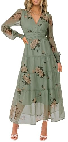 ANRABESS Womens Floral Long Sleeve Maxi Dress V Neck Chiffon Flowy Boho A-Line 2026 Spring Wedding Guest Party Wrap Dresses Floral Green Small