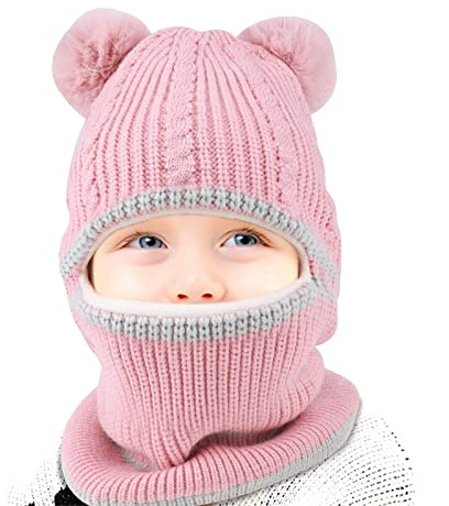 QKURT 1 st barn vinter balaklava, småbarn tjock vinter balaklava mössa hattar varm stickad mössa halsduk halsvärmare termisk fleecefoder stickad mössa med 2 fluffiga bollar för pojkar flickor 2-6