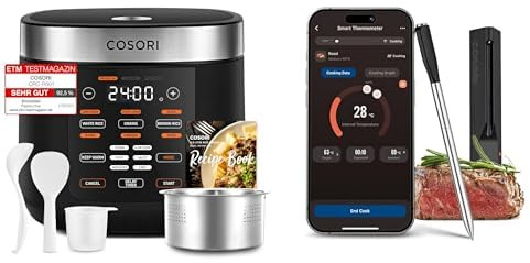 COSORI Rice Cooker and Meat thermometer, Slow Cooker & Steamer with Ceramic Coated Inner Pot and Fuzzy Logic, 50 Recipes,10 Cups, 5L Capacity, with 17 Functions, Warmer, Timer, Black